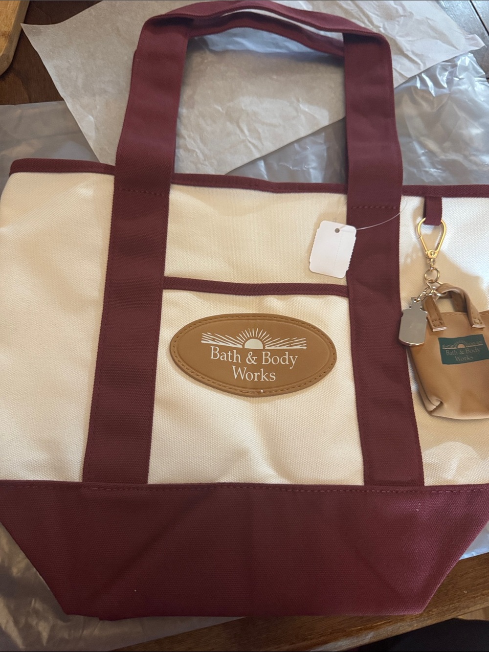 Bath & Body Works Cream and Burgundy Canvas Tote with Logo Patch